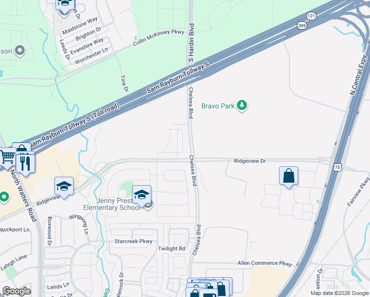 map of restaurants, bars, coffee shops, grocery stores, and more near 2518 Campden Mews in Allen