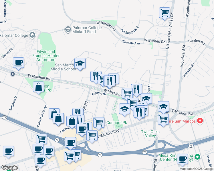 map of restaurants, bars, coffee shops, grocery stores, and more near 472 Richmar Avenue in San Marcos