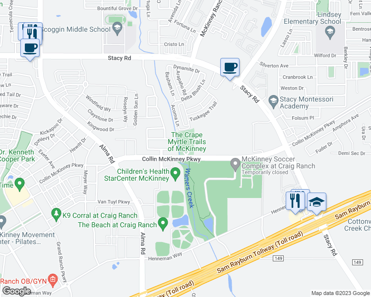 map of restaurants, bars, coffee shops, grocery stores, and more near 6452 Collin McKinney Parkway in McKinney