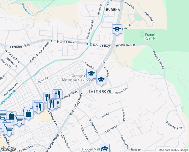map of restaurants, bars, coffee shops, grocery stores, and more near 2812 East Valley Parkway in Escondido