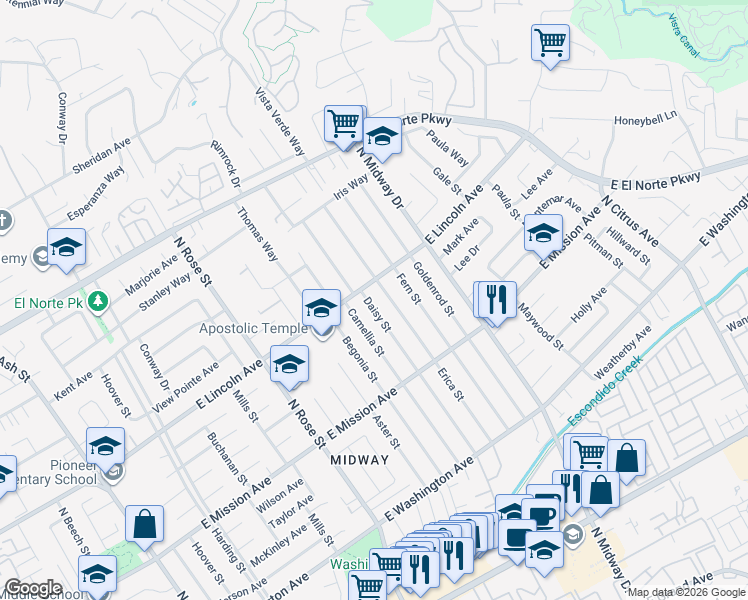 map of restaurants, bars, coffee shops, grocery stores, and more near 940 Daisy Street in Escondido