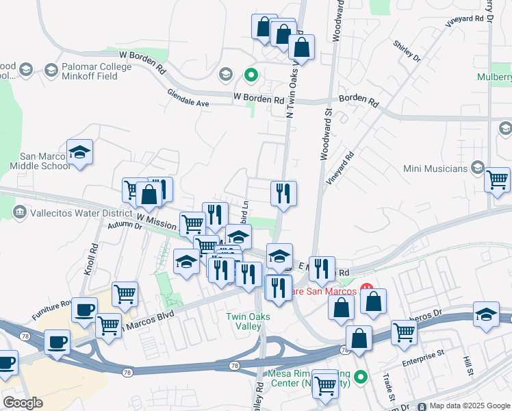 map of restaurants, bars, coffee shops, grocery stores, and more near 150 Gosnell Way in San Marcos