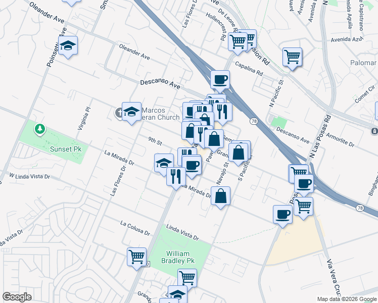 map of restaurants, bars, coffee shops, grocery stores, and more near 212 Rancho Santa Fe Road in San Marcos