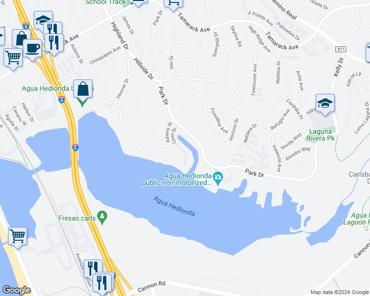 map of restaurants, bars, coffee shops, grocery stores, and more near 4539 Cove Drive in Carlsbad