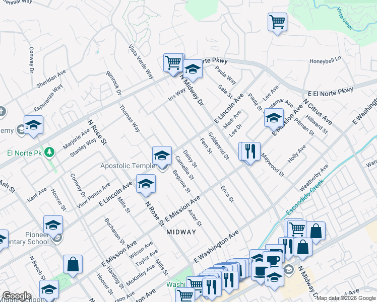 map of restaurants, bars, coffee shops, grocery stores, and more near 940 Daisy Street in Escondido