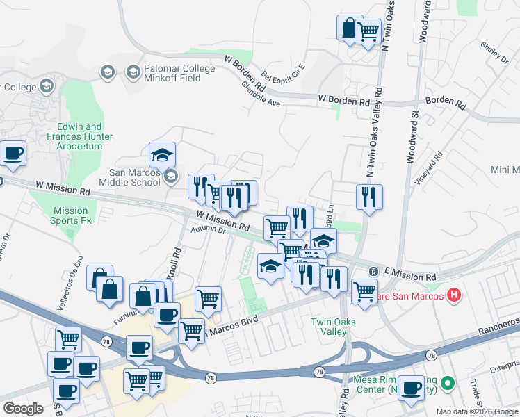 map of restaurants, bars, coffee shops, grocery stores, and more near 350 Fitzpatrick Road in San Marcos