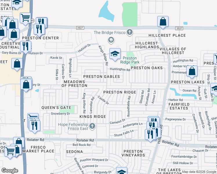 map of restaurants, bars, coffee shops, grocery stores, and more near 10222 Quest Drive in Frisco