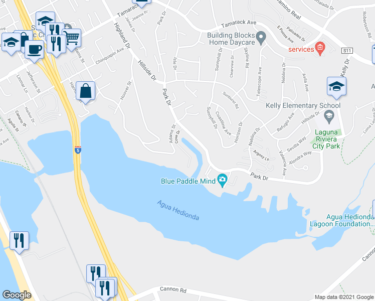 map of restaurants, bars, coffee shops, grocery stores, and more near 4539 Cove Drive in Carlsbad
