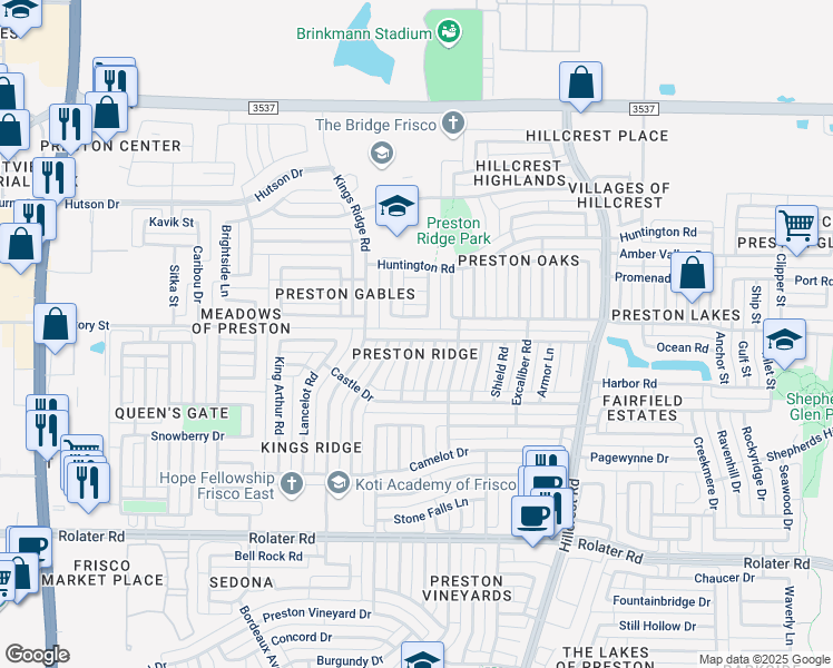 map of restaurants, bars, coffee shops, grocery stores, and more near 10364 Quest Drive in Frisco