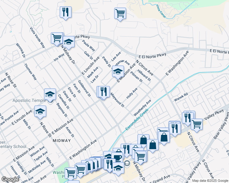 map of restaurants, bars, coffee shops, grocery stores, and more near 2110 Wilson Place in Escondido