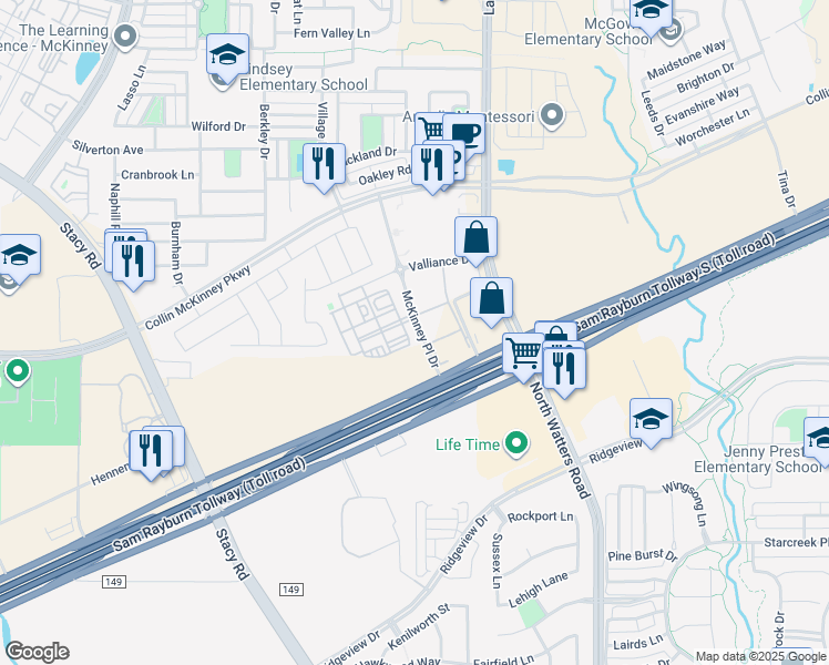 map of restaurants, bars, coffee shops, grocery stores, and more near 1 McKinney Place Drive in McKinney