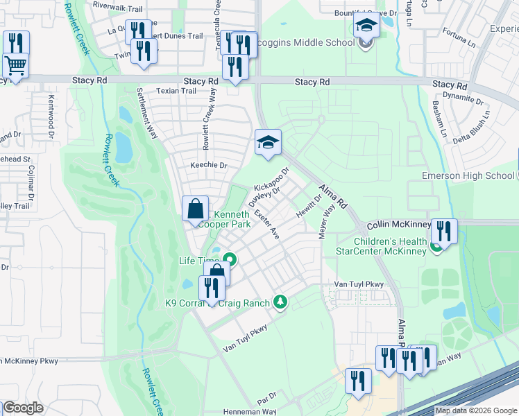 map of restaurants, bars, coffee shops, grocery stores, and more near 5913 Exeter Avenue in McKinney