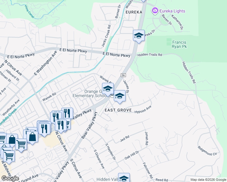 map of restaurants, bars, coffee shops, grocery stores, and more near 2854 East Valley Parkway in Escondido