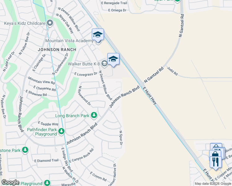 map of restaurants, bars, coffee shops, grocery stores, and more near 1290 East Palomino Way in San Tan Valley