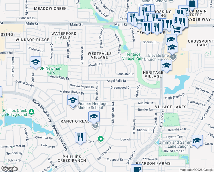 map of restaurants, bars, coffee shops, grocery stores, and more near 2126 Greenwood Drive in Frisco