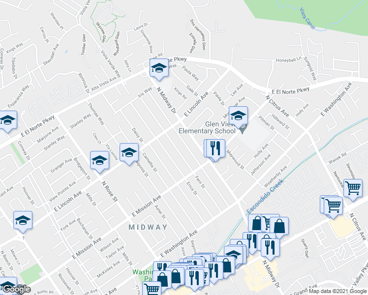 map of restaurants, bars, coffee shops, grocery stores, and more near 903 Goldenrod Street in Escondido