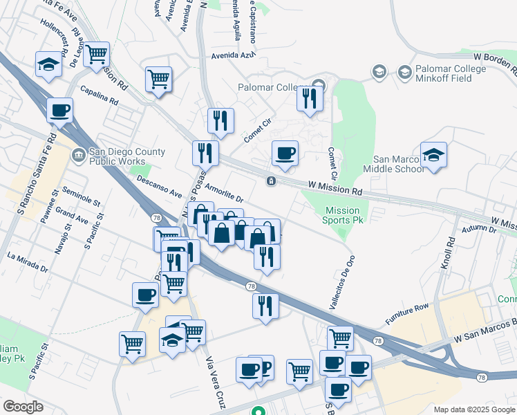 map of restaurants, bars, coffee shops, grocery stores, and more near 113 Armorlite Drive in San Marcos