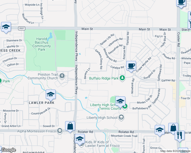 map of restaurants, bars, coffee shops, grocery stores, and more near 14872 Kemps Landing in Frisco