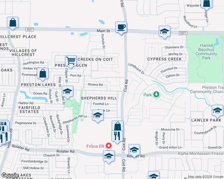map of restaurants, bars, coffee shops, grocery stores, and more near 12500 Canoe Road in Frisco