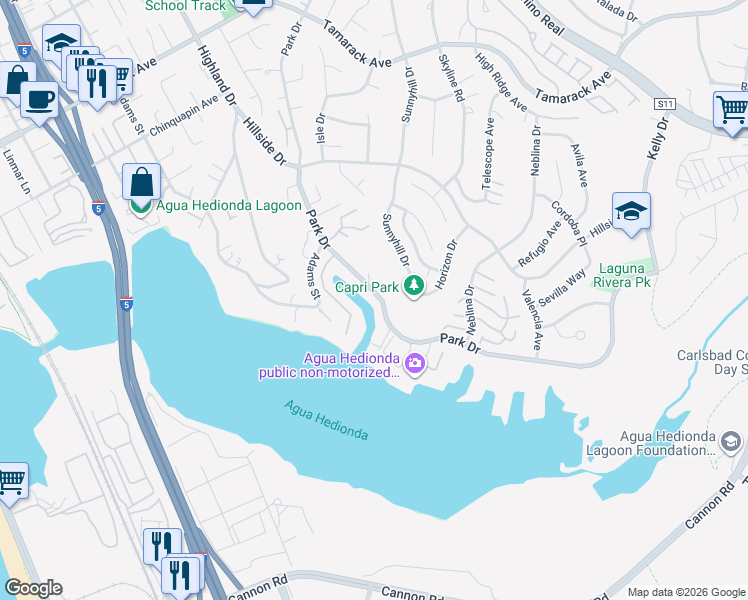 map of restaurants, bars, coffee shops, grocery stores, and more near 4647 Park Drive in Carlsbad