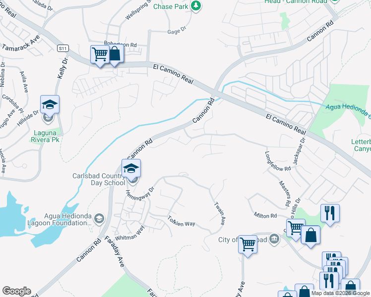 map of restaurants, bars, coffee shops, grocery stores, and more near 5093 Ashberry Road in Carlsbad
