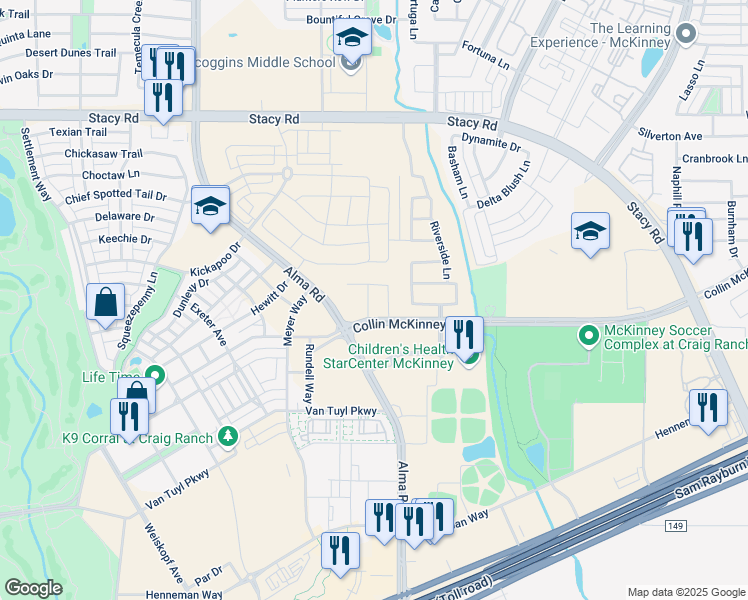map of restaurants, bars, coffee shops, grocery stores, and more near 5813 Stonewall Drive in McKinney