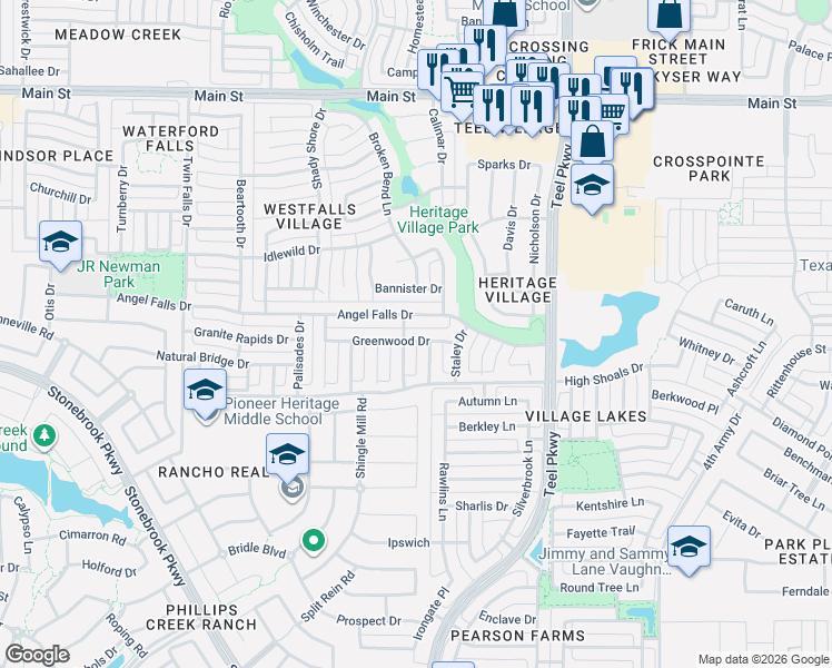 map of restaurants, bars, coffee shops, grocery stores, and more near 2404 Greenwood Drive in Frisco