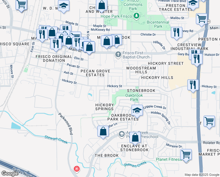 map of restaurants, bars, coffee shops, grocery stores, and more near 3600 Acorn Lane in Frisco