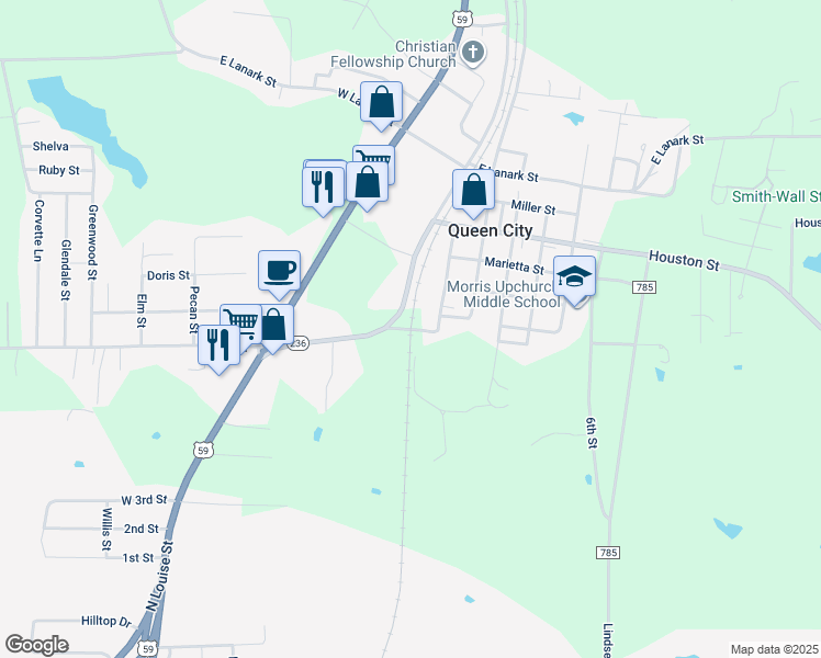 map of restaurants, bars, coffee shops, grocery stores, and more near East Hickory Street in Queen City