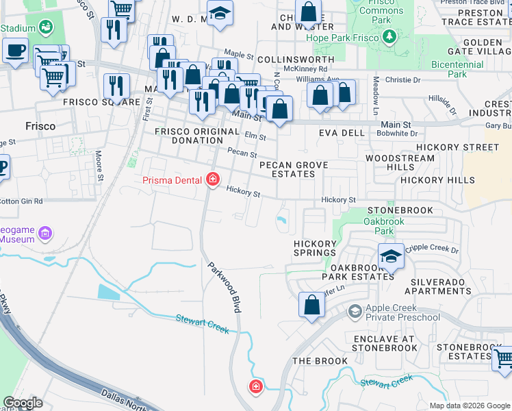map of restaurants, bars, coffee shops, grocery stores, and more near 7275 Hickory Street in Frisco