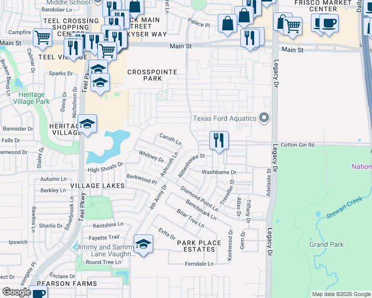 map of restaurants, bars, coffee shops, grocery stores, and more near 3875 Rittenhouse Street in Frisco