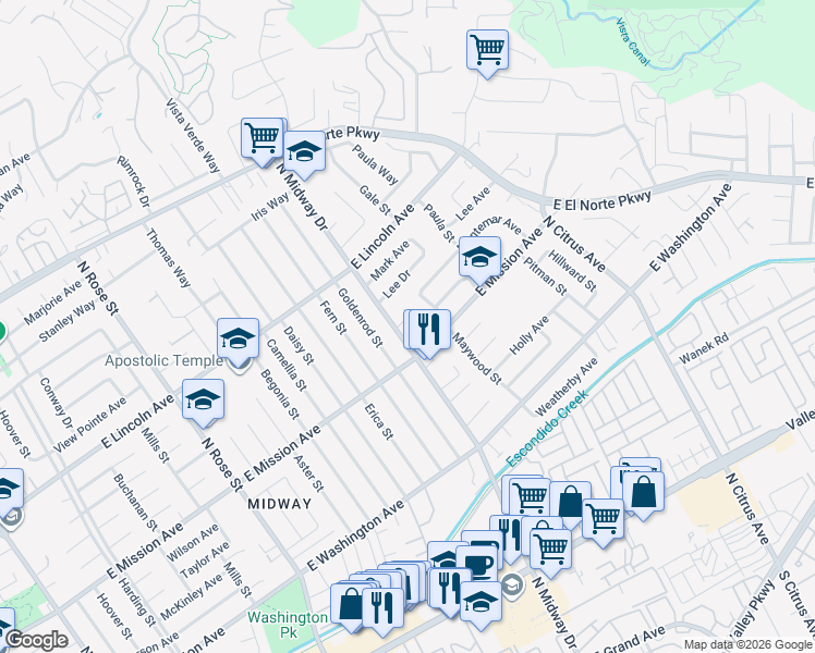 map of restaurants, bars, coffee shops, grocery stores, and more near 2009 Matthew Place in Escondido