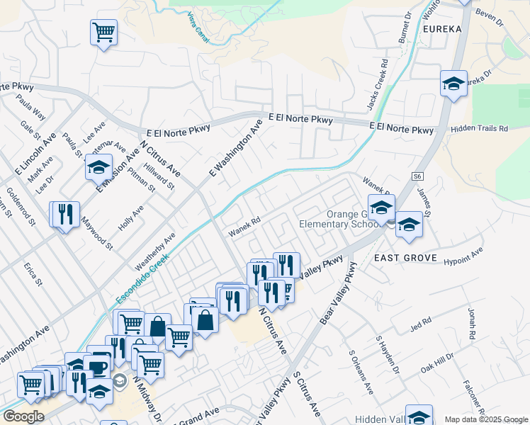map of restaurants, bars, coffee shops, grocery stores, and more near 2522 Wanek Road in Escondido