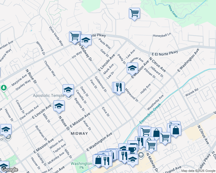 map of restaurants, bars, coffee shops, grocery stores, and more near 2001 Matthew Place in Escondido