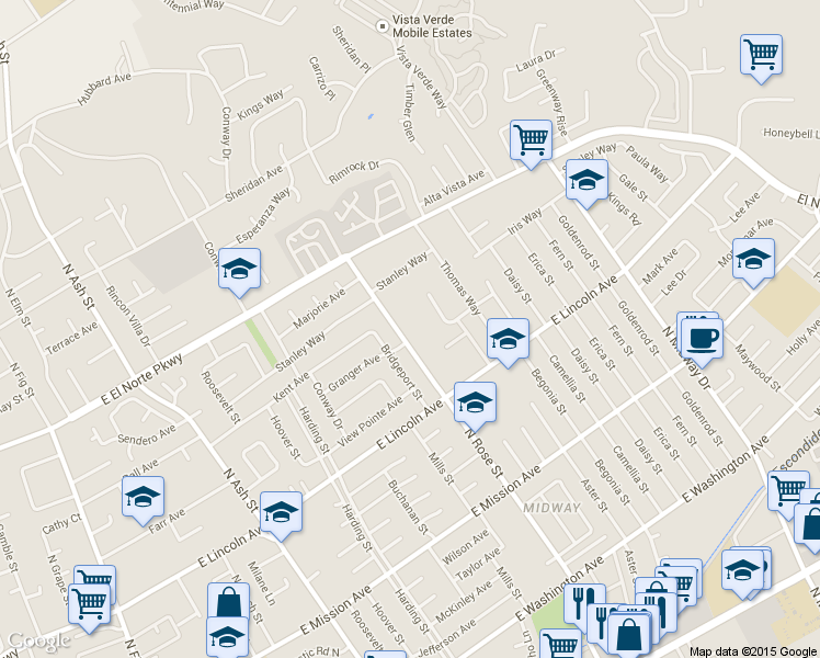 map of restaurants, bars, coffee shops, grocery stores, and more near 1132 N Rose St in Escondido