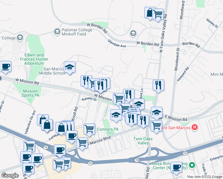 map of restaurants, bars, coffee shops, grocery stores, and more near 426 Richmar Avenue in San Marcos
