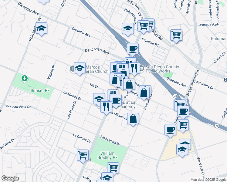 map of restaurants, bars, coffee shops, grocery stores, and more near 212 Rancho Santa Fe Road in San Marcos