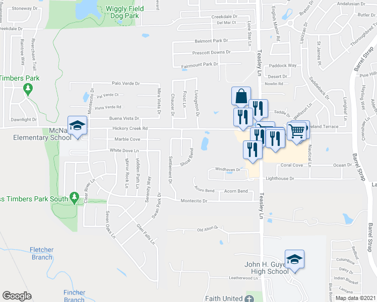 map of restaurants, bars, coffee shops, grocery stores, and more near 7620 Shoal Bend in Denton
