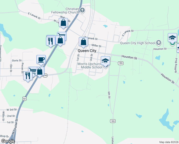 map of restaurants, bars, coffee shops, grocery stores, and more near 407 3rd Street in Queen City