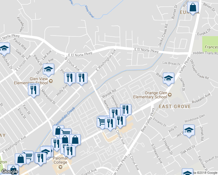 map of restaurants, bars, coffee shops, grocery stores, and more near 2415 Turnbridge Glen in Escondido