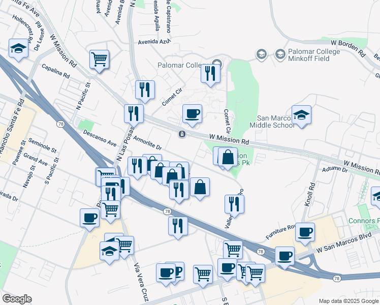 map of restaurants, bars, coffee shops, grocery stores, and more near 220 Bingham Drive in San Marcos