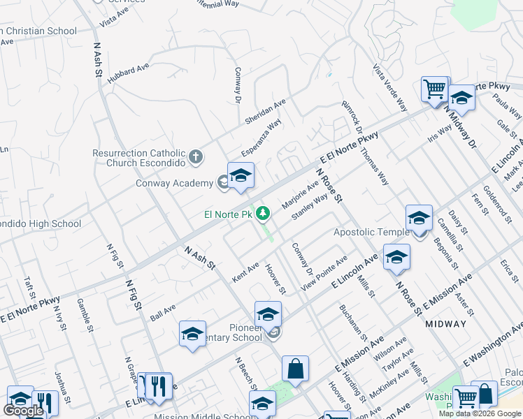 map of restaurants, bars, coffee shops, grocery stores, and more near 1271 Conway Drive in Escondido