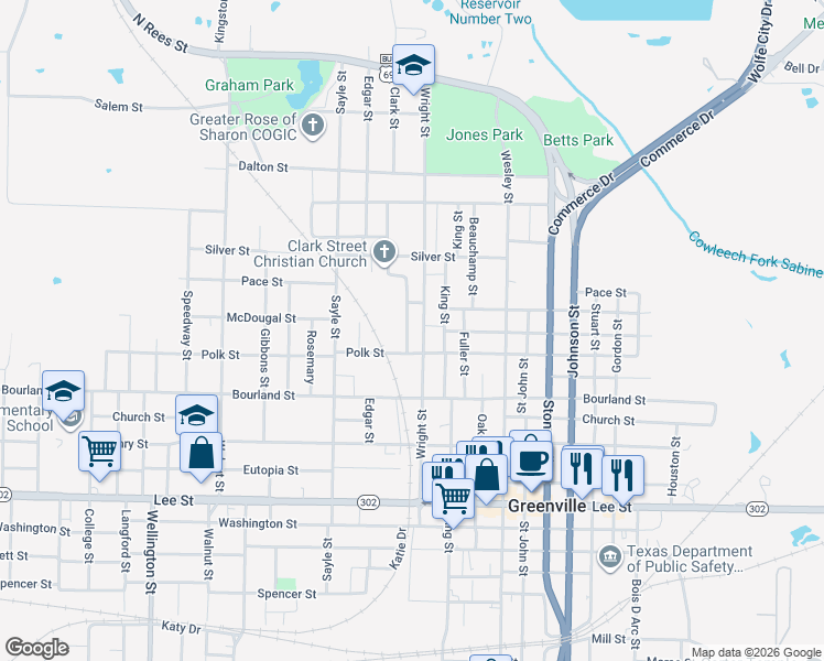 map of restaurants, bars, coffee shops, grocery stores, and more near 1707 Clark St in Greenville