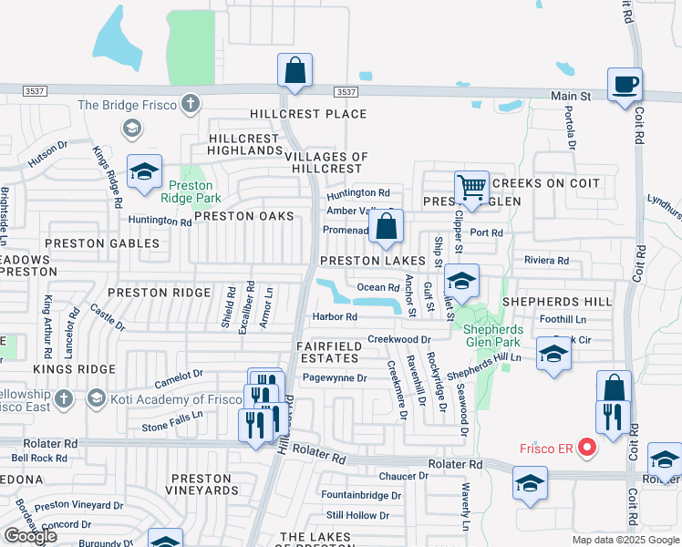 map of restaurants, bars, coffee shops, grocery stores, and more near 11209 Canoe Road in Frisco
