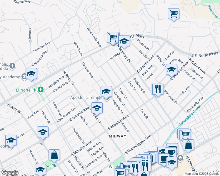 map of restaurants, bars, coffee shops, grocery stores, and more near 1010 Camellia Street in Escondido