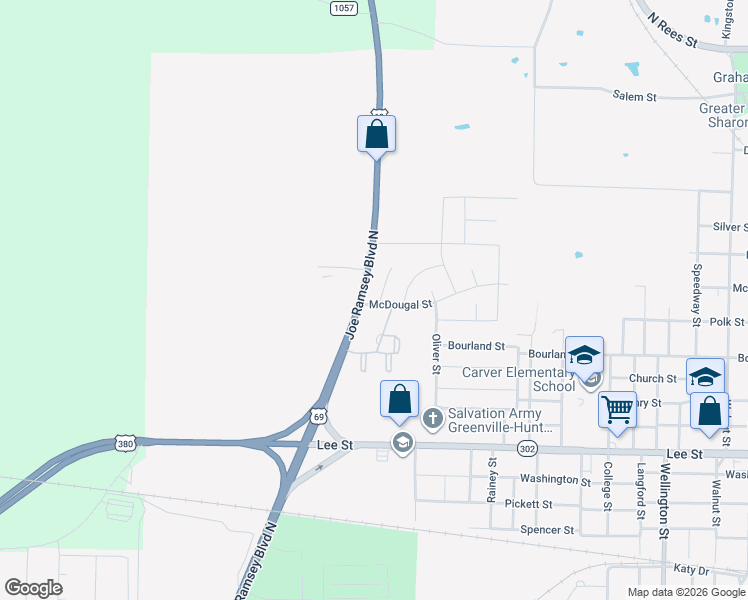 map of restaurants, bars, coffee shops, grocery stores, and more near 1718 Fred Street in Greenville