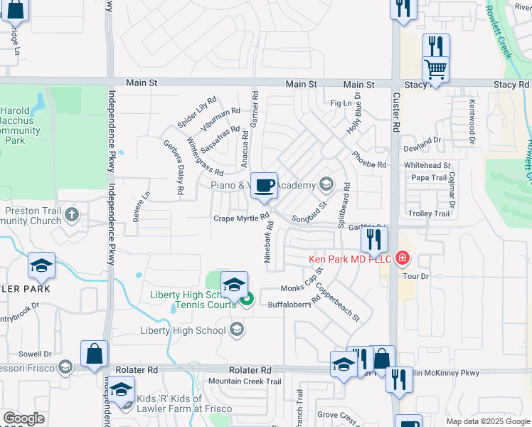 map of restaurants, bars, coffee shops, grocery stores, and more near 15480 Crape Myrtle Road in Frisco