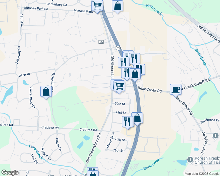 map of restaurants, bars, coffee shops, grocery stores, and more near 6802 Old Greensboro Road in Tuscaloosa