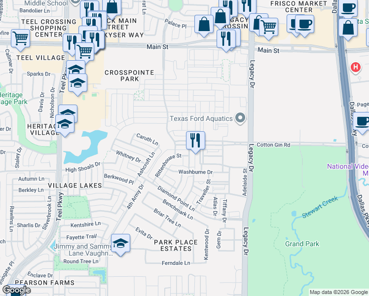map of restaurants, bars, coffee shops, grocery stores, and more near 3981 Cotton Gin Road in Frisco