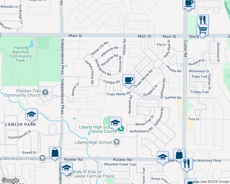 map of restaurants, bars, coffee shops, grocery stores, and more near 15312 Crape Myrtle Road in Frisco